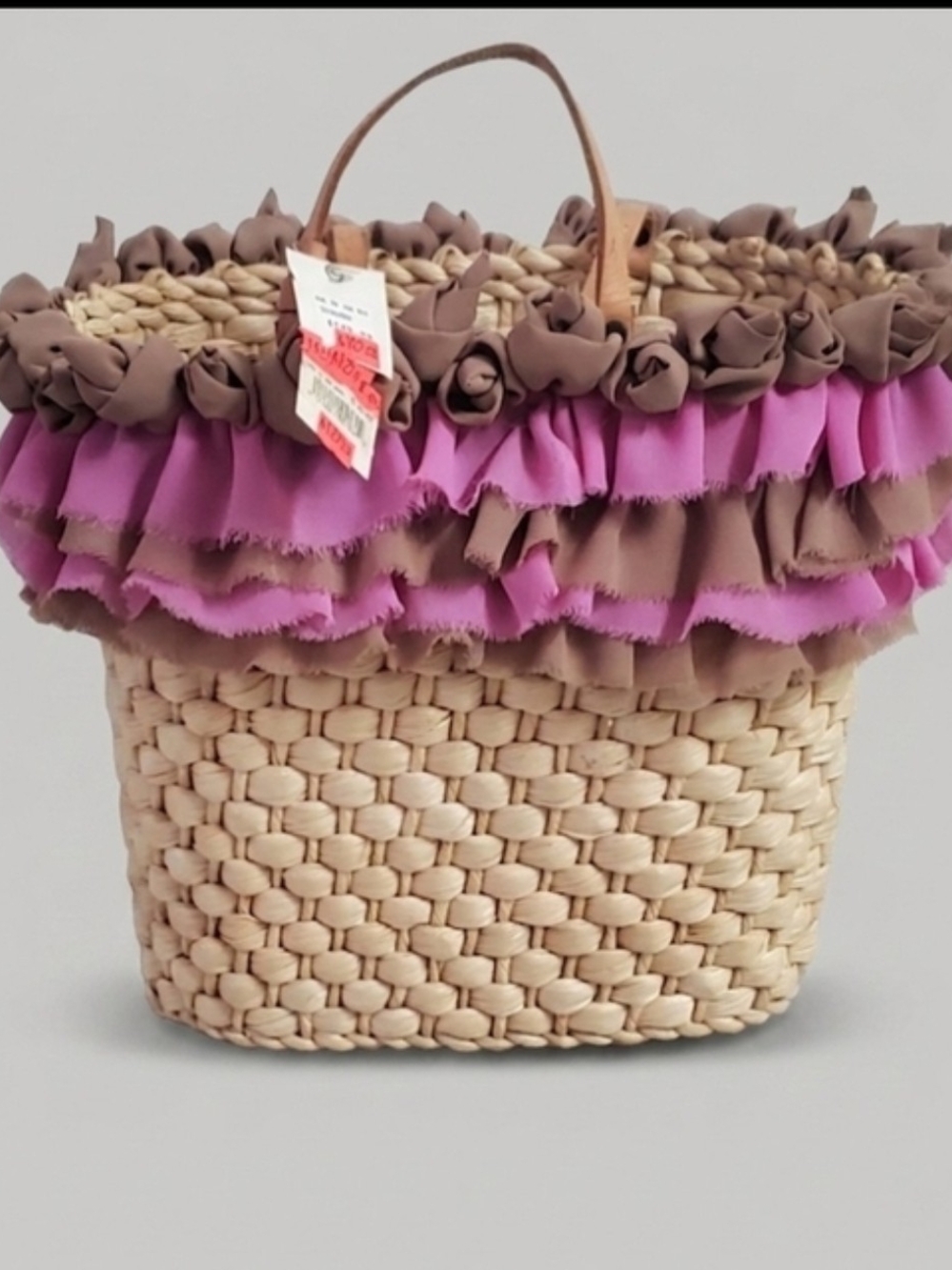 Woven Ruffle Trim Tote in Pink and Brown